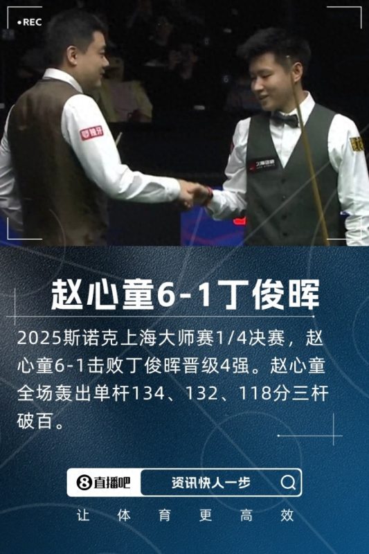 赵心童在比赛中展现卓越实力，以三杆破百的出色表现，以6-1的比分击败丁俊晖，成功晋级上海大师赛的四强。-同恩资源分享网